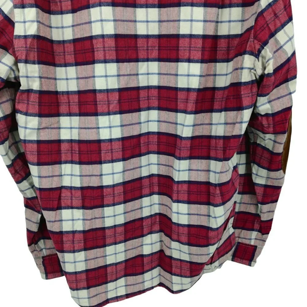 J Crew Flannel Plaid Chamois Elbow Patch Button Up Shirt Size L Red Blue Preppy